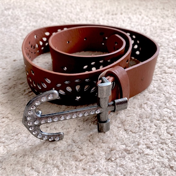 Brown Leather Belt Laser Cuts Silver Anchor Buckle main image 6